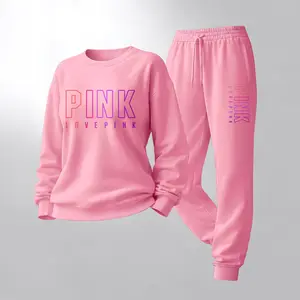 Women's Love Print Crewneck Sweatshirt and Drawstring Track Pants Set, Casual Sportswear, Long-Sleeve Round Neck Top and Pants, Suitable for Spring, Autumn and Winter, Everyday Wear