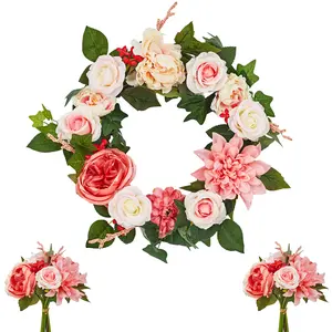 18" 22" 24" Hydrangea & Peony Wreath for Front Door - Spring/Summer Farmhouse Decor, Artificial Floral Wall Hanging with 2 Flower Bundles