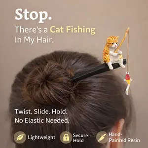 Tiny Fishing Cat Bun Stick – Wooden Hair Stick Pin for Twist & Lock Updos, 5 Cat Styles for Everyday Messy Bun & Cat Lover Gifts outdoorfun