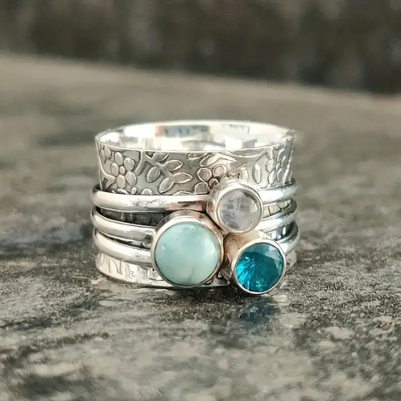 Vintage Chic Bohemian Ring for Men with Unique Teal Stone Stackable Jewelry Personality Souvenir Gift Accessory Fashion Metal Coating