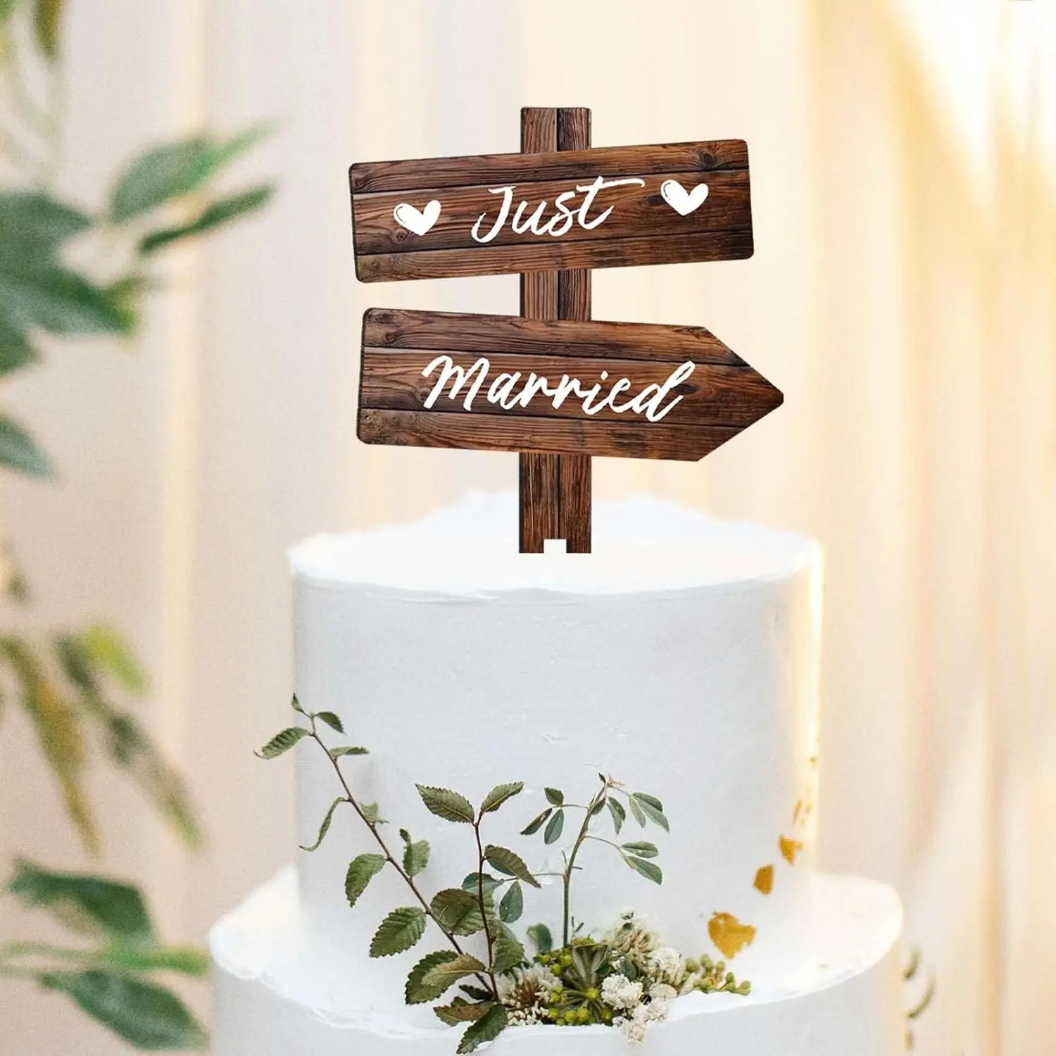 Rustic Just Married Cake Topper in Wood, Wooden Wedding Cake Decoration for Mr & Mrs Bridal Shower Engagement Wedding Bachelorette Party Decorations