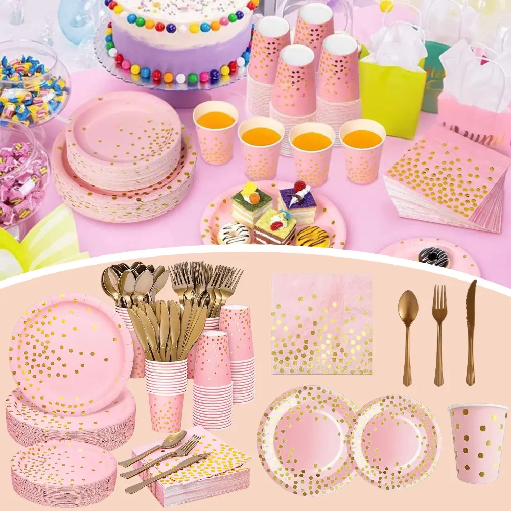 175-Piece Pink and Gold Disposable Tableware Party Pack, 25-Guest Pack with Pink Paper Cups, Napkins, Plates & Gold Plastic Utensils (Knives Included) for Birthday, Wedding