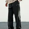 Unisex Drawstring Waist Patchwork Straight-Leg Sports Pants, Casual Quick-Dry Trousers, Loose Fit Long Pants, Sportswear Clothing