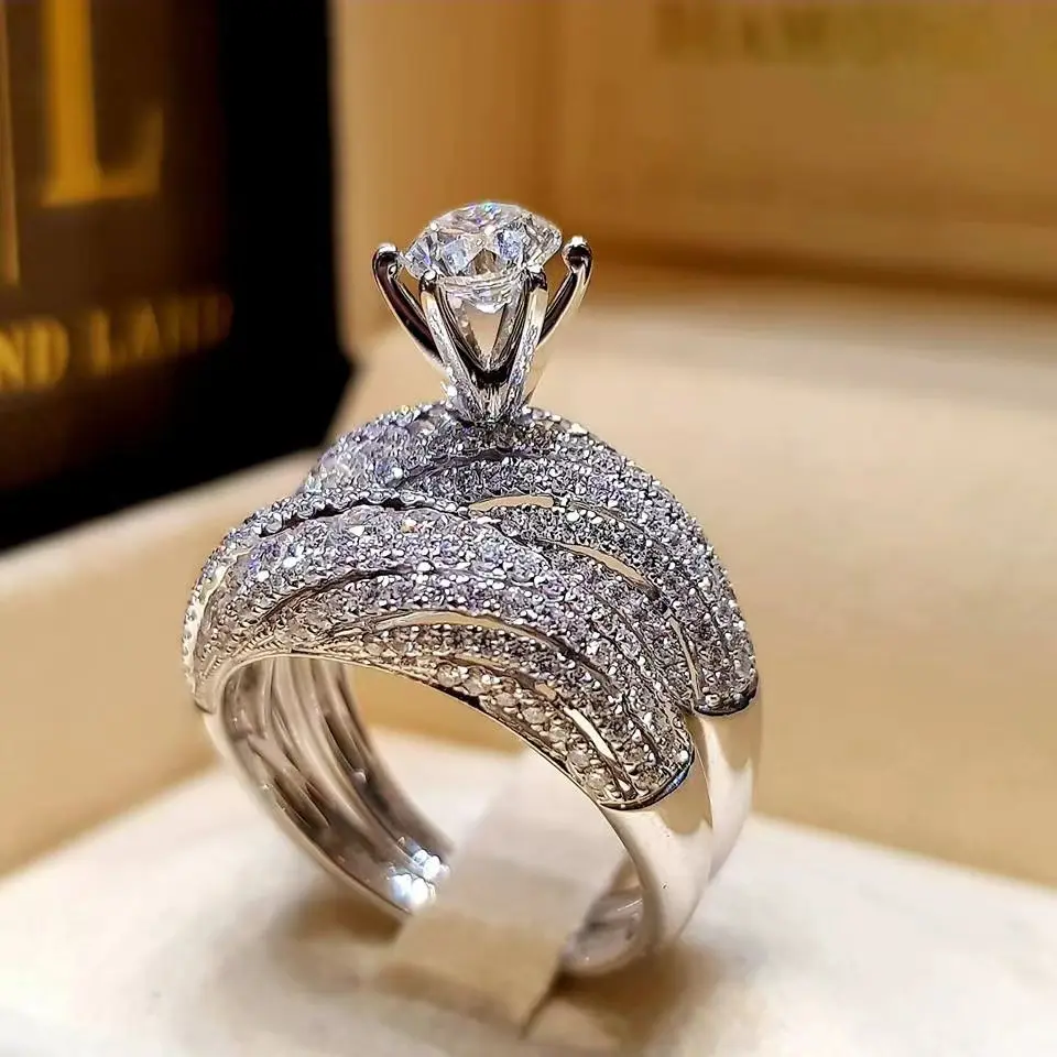Women's Silver-Plated Double-Layer Simulated Diamond Alternative Engagement Ring, Fashionable Jewelry, Stackable Jewelry Rings, Full Diamond Accessory for Special Events, Affordable Costume Accessory, Affordable Fashion, Stackable Rings