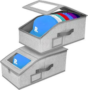 Hat Storage for Baseball Caps 2 PCS Stackable Organizer Boxes Holds 24 Caps with Clear Window for Easy Access Grey