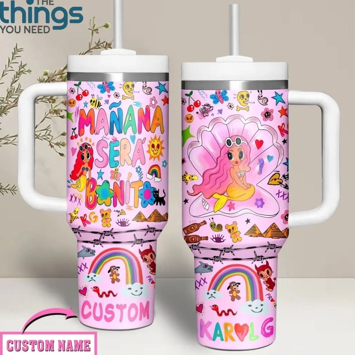Custom Name Mermaid Graphic Tumbler 40oz & 20oz, Insulated Stainless Steel Travel Mug with Handle & Lid, Double Wall Vacuum Cup, Cute Pink Ocean Princess Aesthetic Gift for Girls and Mermaid Fans, Water Bottle, Daily Use