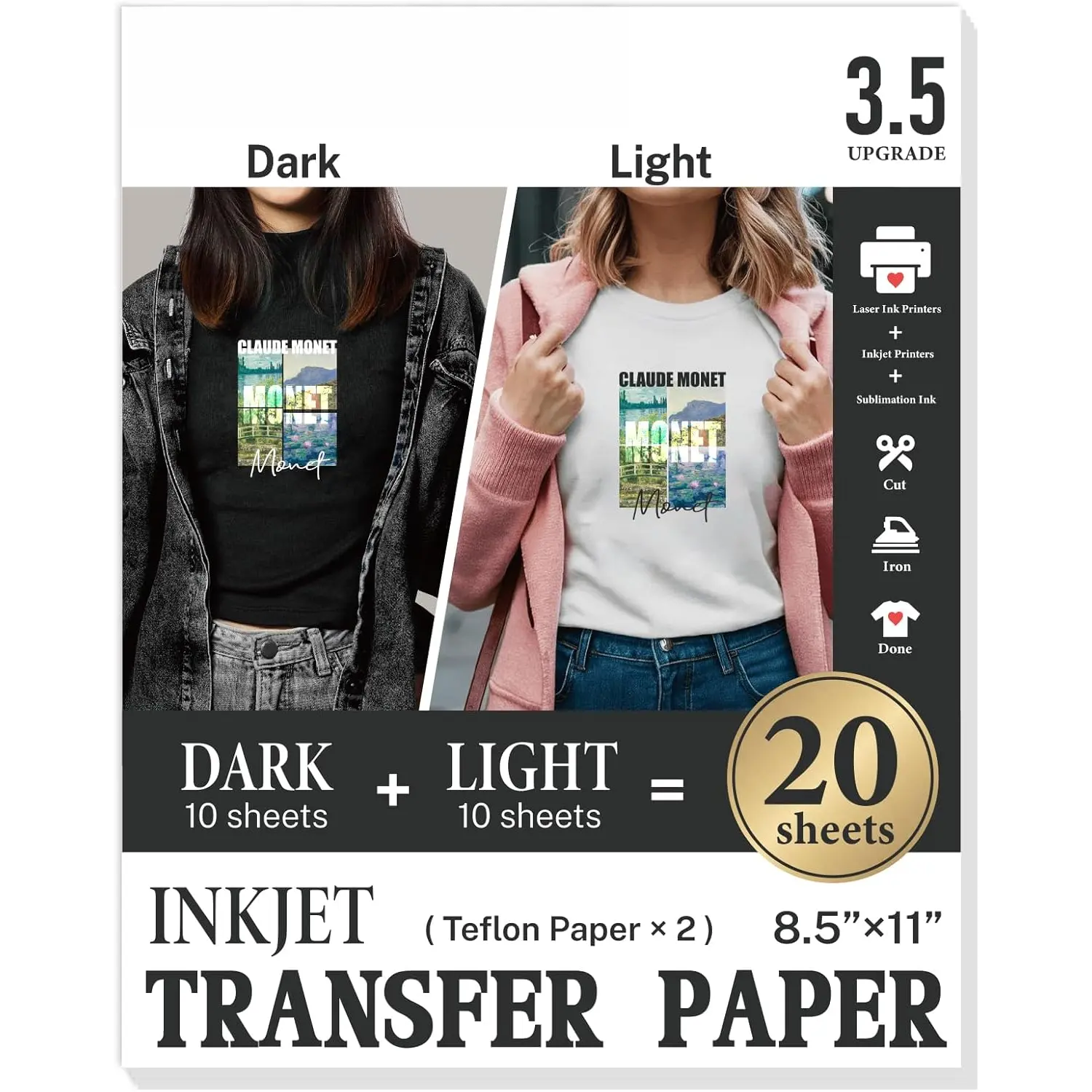 Upgraded version 3.5 Heat Transfer Paper for T Shirts - 20 Pack Mixed Light & Dark Iron on Transfer Paper, 8.5" x 11" Printable Heat Transfer Vinyl for Inkjet Printer, Durable & Easy to Use