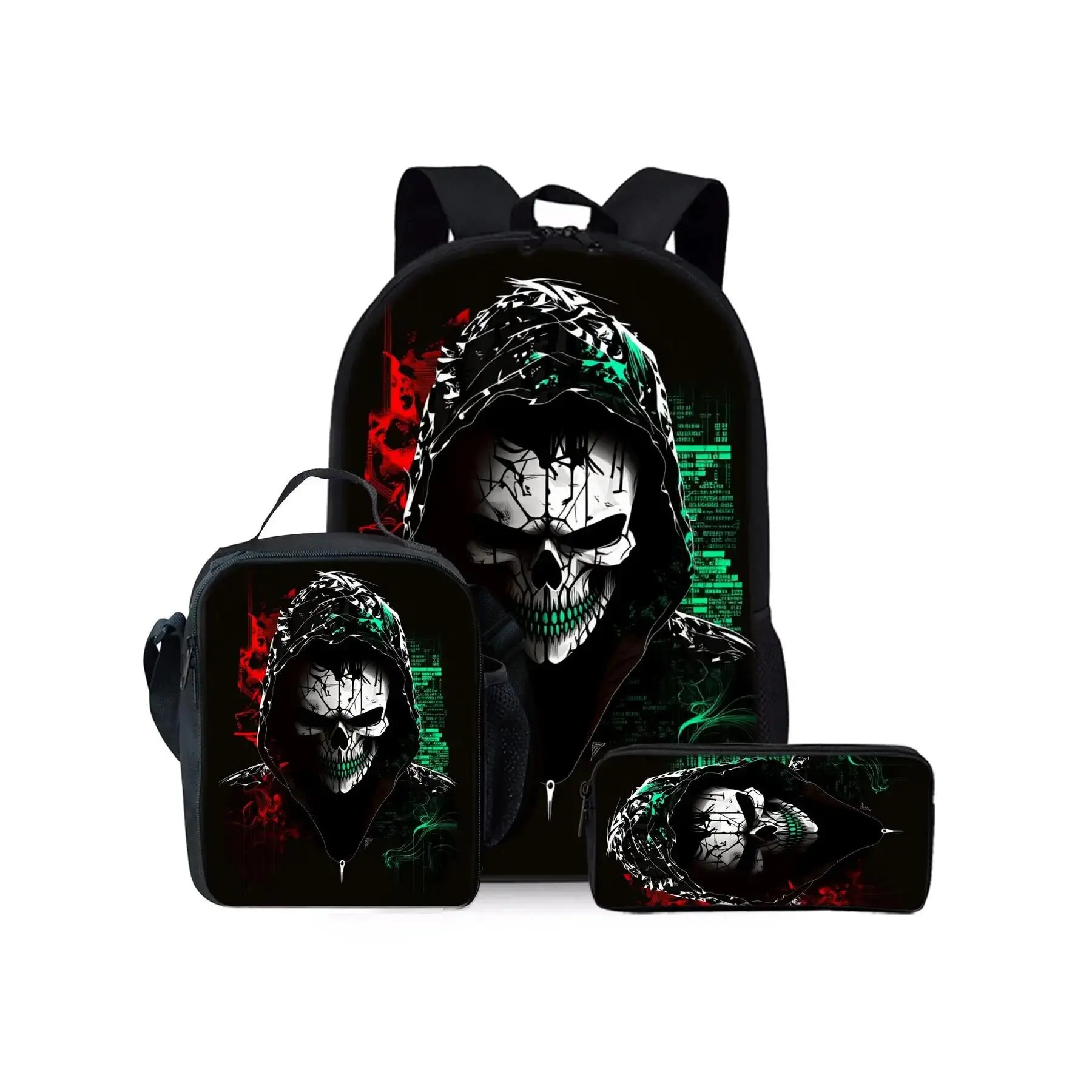 Skull Clown Print Unique Pattern 3-Piece Backpack Set, Multi Compartment Backpack, Organized, Lunch Bag, Pencil Case, Backpack