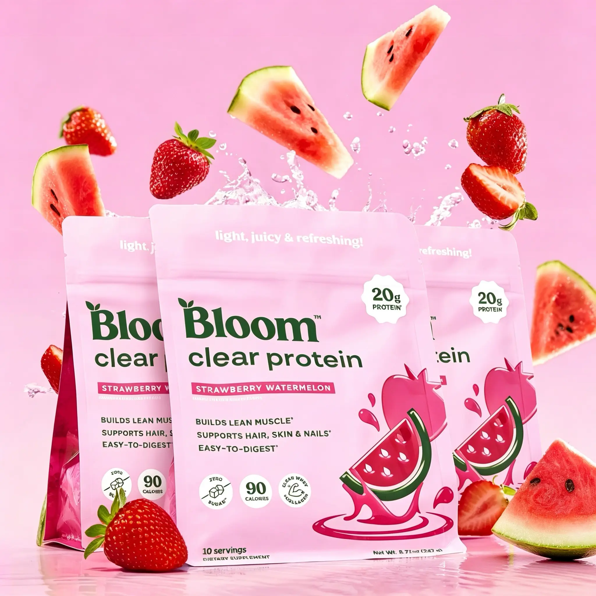 Bloom Nutrition Clear Protein Powder, Strawberry Watermelon Flavor, 20g Whey Collagen Protein, Zero Sugar, 90 Calories, 10 Servings