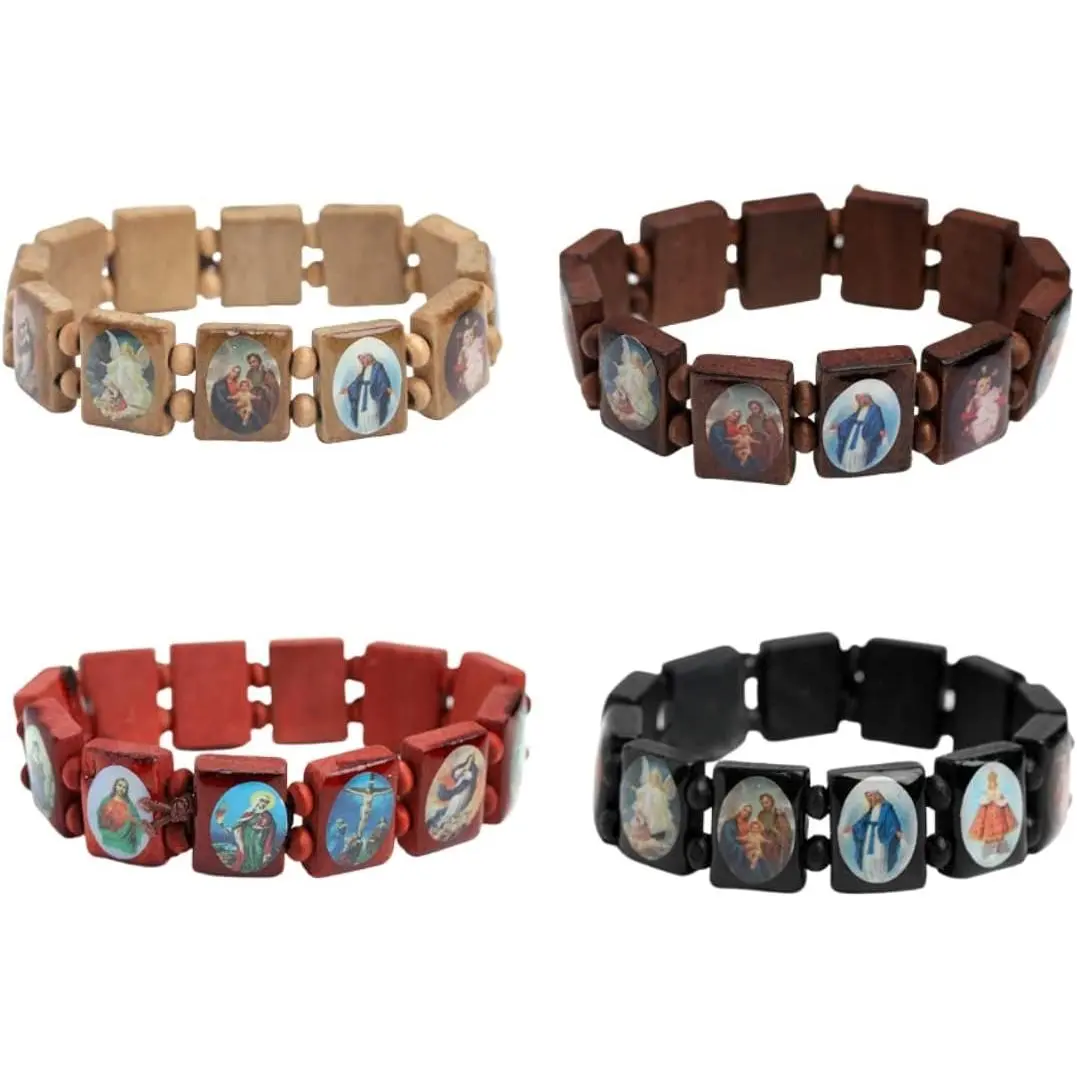 LITTLE ROOM~4Pcs Wooden Jesus Virgin Mary Bracelet Saints Rosary Stretch Wooden Small Panel Bracelet Religious Saints Jesus Gift