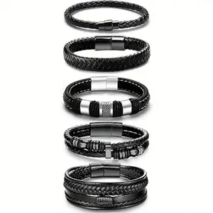 5Pcs Braided Leather & Stainless Steel Bracelets for Men, Black Cuff Bracelets for Men Women