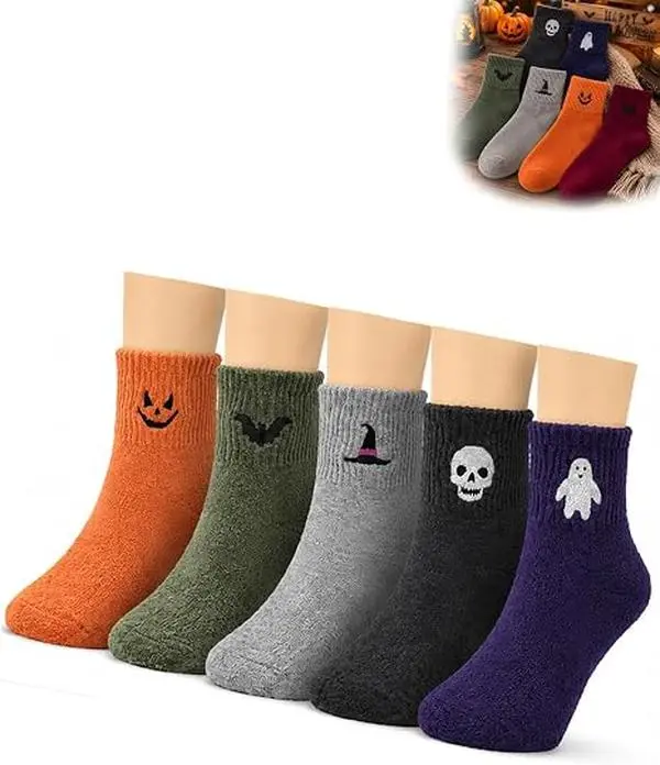 Cute Halloween Socks Five Pairs Cozy Embroidered Crew Spooky Season Gift | Soft Stretch Knit Delivers Comfort During Festive Parties Autumn Outings Boo Baskets Trick Treating Casual Wear Surprises