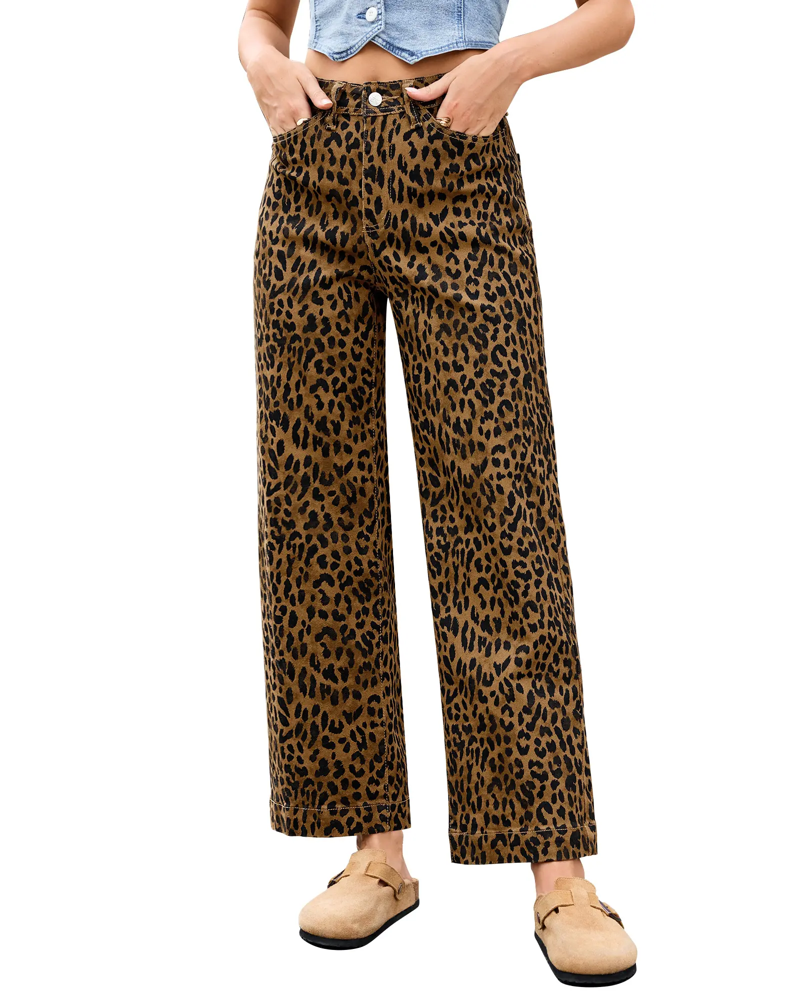 luvamia Wide Leg Jeans Woman Trendy High Waisted Leopard Cheetah Print Ankle Length Stretchy Denim Pants with Pockets, Trouser, Retro, Streetwear, Lady, Bottom, Zipper, Style, Leopard Print, Clothes For Women