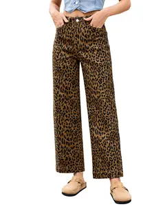 luvamia Wide Leg Jeans Woman Trendy High Waisted Leopard Cheetah Print Ankle Length Stretchy Denim Pants with Pockets