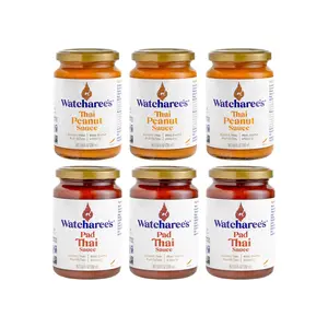 Variety Pack of 6 Thai Sauces | Sweet, Spicy & Tangy Cooking Sauces For Flavorful Spicy Recipes – Vegan Food Condiments | 3 Peanut Sauces & 3 Pad Thai Sauces Jar – 9.8 fl oz Each