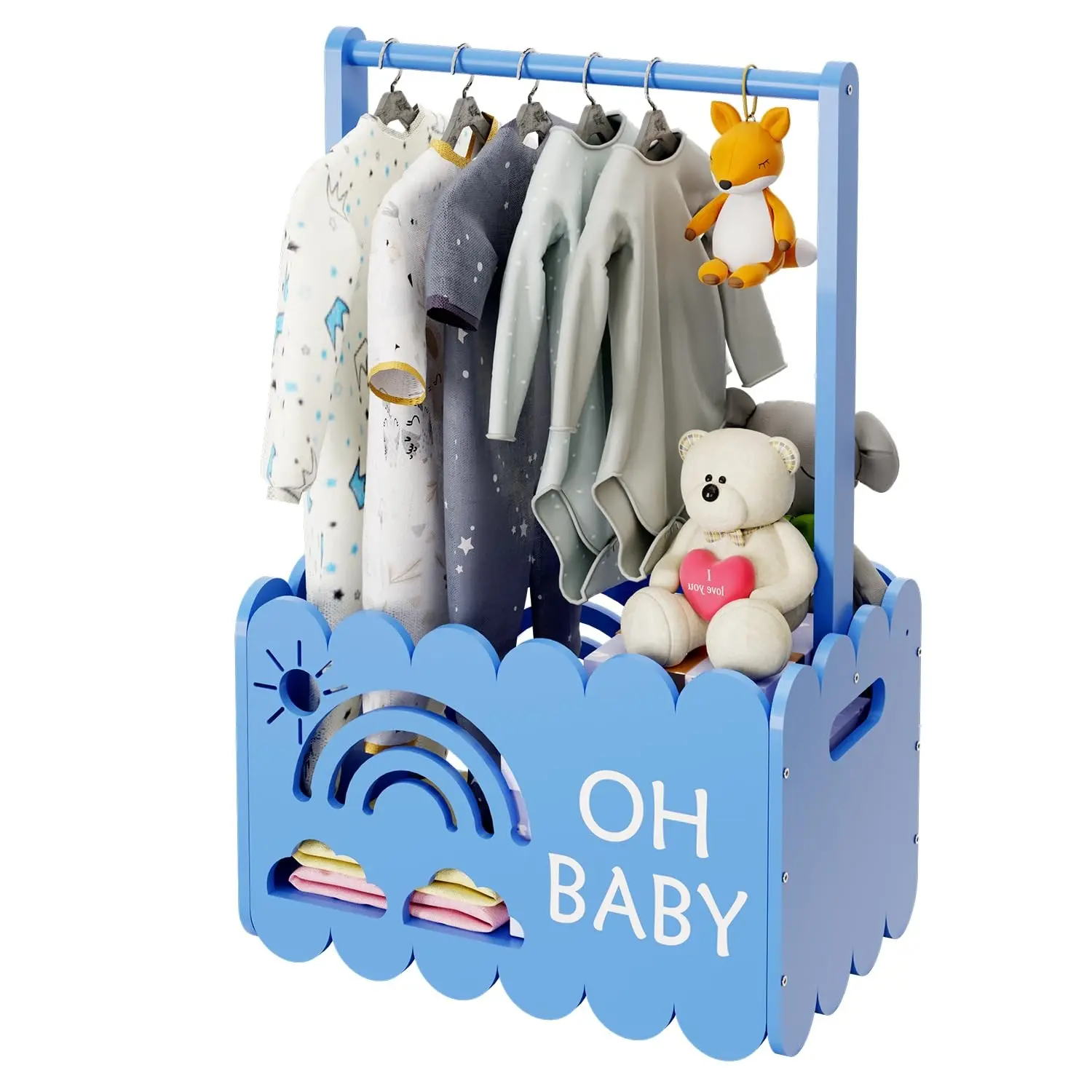 Wooden Shower Crate Closet, Wood Hamper Gift Basket, Boys and Girls Shower Basket, Welcome Gifts, Pregnancy Gifts for New Parents, Blue, Clothes Basket Organizer, Carrying Basket, Basket With Handle