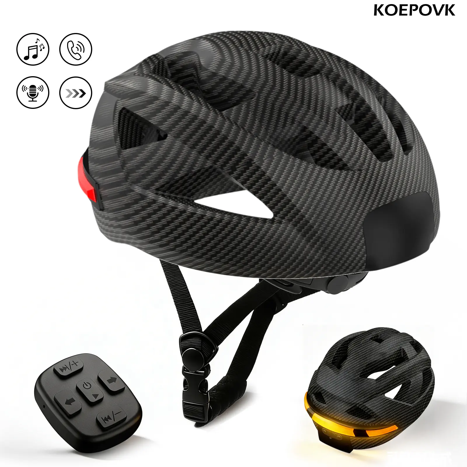 KOEPOVK Smart Cycling Helmet IP64 Waterproof with Bluetooth Music Hands-Free Calls Built-in FM Radio Remote-Control Turn Signals Emergency Flashing Rear Safety Light for Day Night Riding