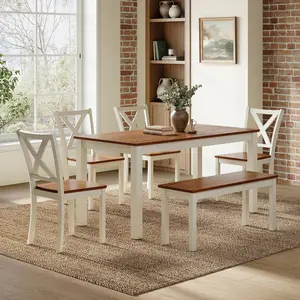 6-Piece Farmhouse Dining Table Set, 59" Wooden Table with 4 Chairs & Bench, Kitchen & Dining Room Set for 6, Space-Saving Rustic Dining Set, Walnut & Beige