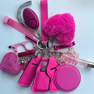 Keychain Accessories Safety Light Wristlet Bling Heart Keychain Lip Gloss Heart Pom Pom-Flip Open Mirror and More-Hot Pink-Pink Floral Charm