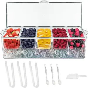 Chilled Condiment Server with Lids,Serving Trays,Condiment Caddy with 5 Containers,Ice Fruit Tray Platter for Bar Accessories,Salad,Taco,Party Garnish