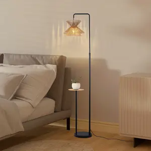 Black Floor Lamps, 65.19" Rattan Tray Table Floorlamp, Switch Included Floor Lamps