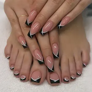 48pcs Press-On Nails Set, French Style Lines Nail Design, Nude Base, Includes Jelly Glue & Files, Hand & Foot Nail Extensions