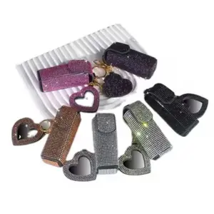 Rhinestone Lipstick Holder with Mirror - Elegant Bling Design for Makeup Organization