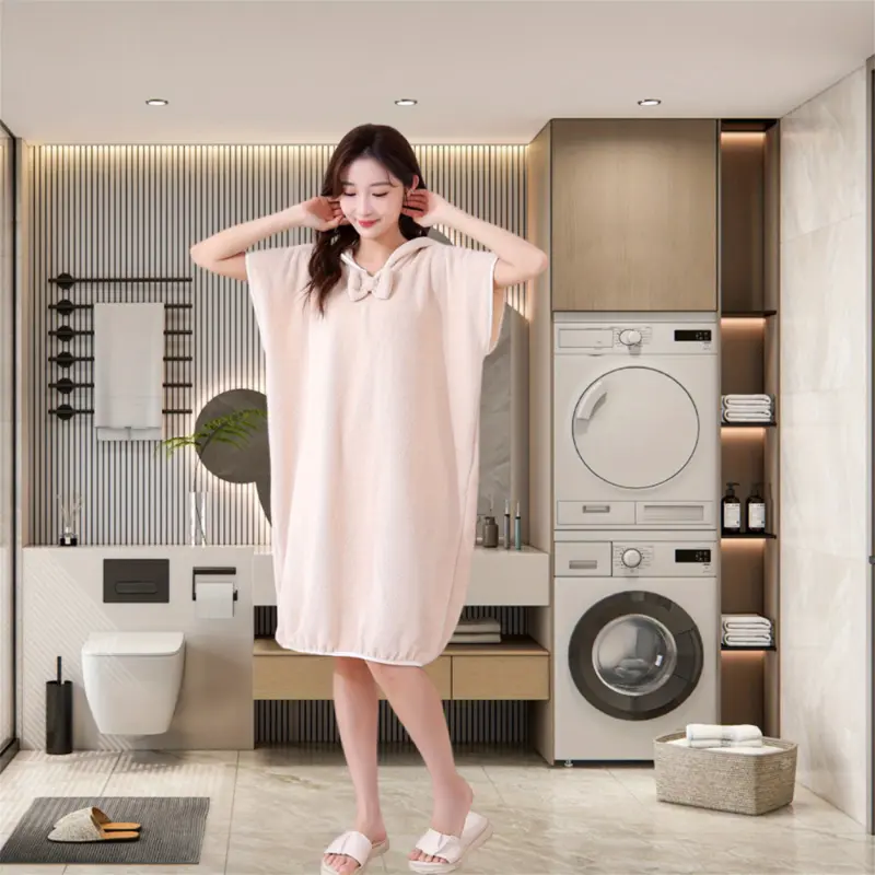 Women's Basic Lady Solid Color Fleece Polyester Short Hooded Bath Robe - Bow-Tie Closure, Soft, Comfortable, Lightweight Bathroom Towel Loungewear