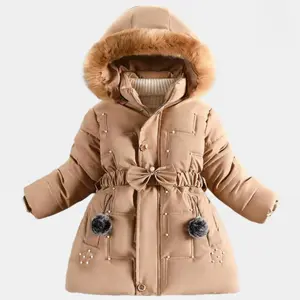 Children's clothing winter Korean version fashionable girls' cotton jacket, medium and large children's fur collar hooded, medium and long style with plush cotton clothing