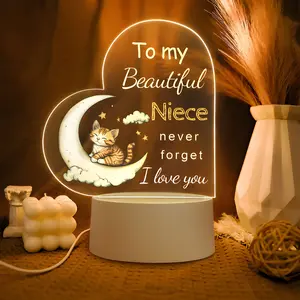Cute Cat Moon Night Light with 'to My Niece' Message, Acrylic Heart Lamp, Thanksgiving Gift, Bedside Table Lamp, Room Decoration (low Voltage)