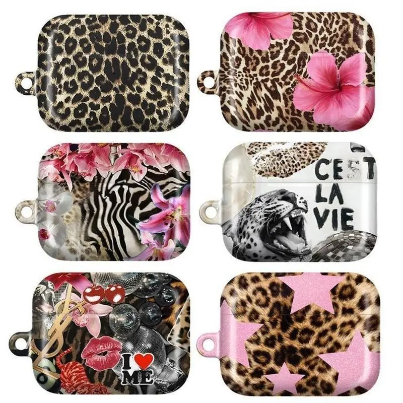 Leopard Print Floral AirPods Case for AirPods 1 2 3 4, AirPods Pro 1 2 3, Cute Animal Pattern Aesthetic Earbuds Cover, Protective Trendy Case