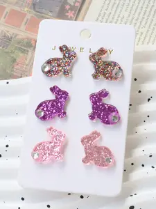 Easter Acrylic Bling Bunny Earrings Set, Water Drill Cute Colorful Ear Studs, Holiday Party Gift, Casual All Seasons Jewelry, Acrylic Accessories Set