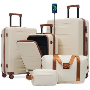Luggage Sets 5 Piece Front Open, Hardside 20" Carry On Suitcase Set with USB Port,Lightweight Expandable Travel 24" 28" Luggage with Bags TSA Locks Double Spinner Wheels,White and Brown