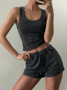 Women's Fashion Solid Color Two-Piece Set, Washable Vest and Shorts Knit Loungewear Set, Street Vintage Style, Perfect for Travel Vacation Holidays