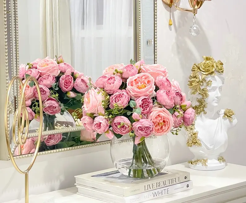 X-Large Sweet Pink Peony Centerpiece, French Rose/Real Touch Austin Rose Arrangement, Faux Centerpiece