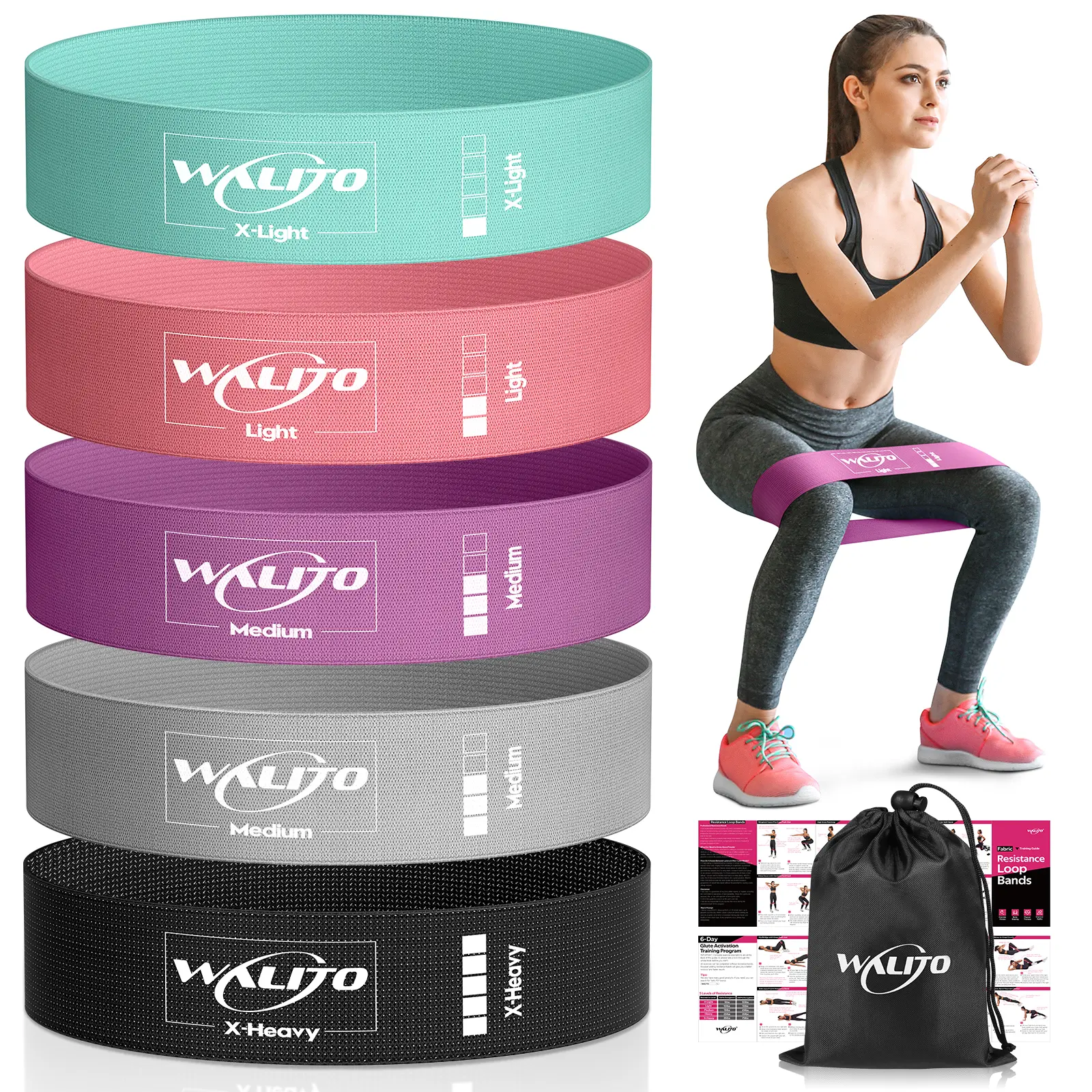 WALITO Fabric Resistance Bands - Durable Stretching Band, Glutes Workout Equipment for Legs, Thighs Training, Yoga, Home Physical Therapy - Christmas, Birthday Gift with Storage Bag