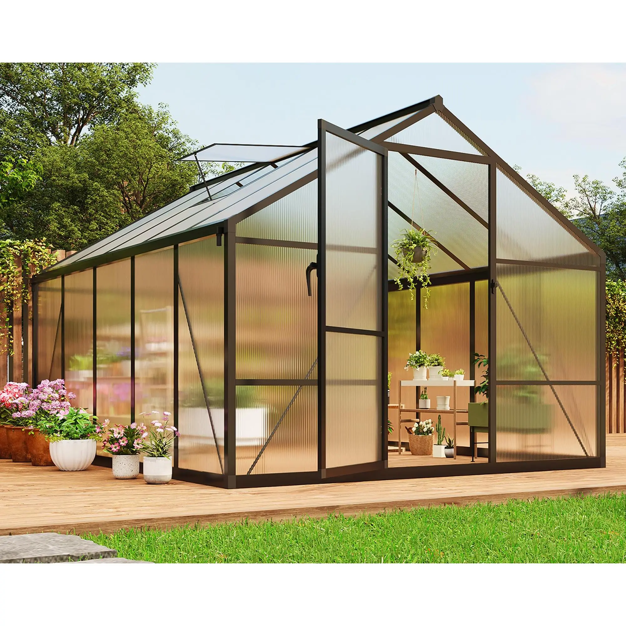 Garvee 8x10 FT Heavy Duty Greenhouse, Sturdy & Weather-Resistant Aluminum Frame, Polycarbonate Panels, Adjustable Roof Vent, Smart Water Gutter System, All-Weather Backyard Protection for Plant & Vegetable Growing (Shipped in 2 Boxes)