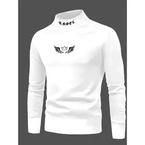 Men’s spring/summer printed crewneck long-sleeve top featuring a turtleneck, crown, and wing motif; available in black and white; casual streetwear style suitable for motocross.