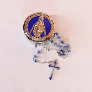 Glass Pearl Beads Catholic Rosary Necklace for Men and Women with Metal box