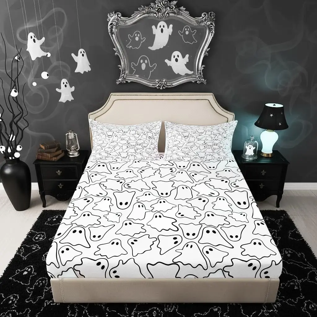 Cute Ghost Bedding Set,Cartoon Halloween Fitted Sheet Black White Hand Drawn Ghost Bed Sheet Bedroom Decor,Western Festival Deep Pocket Sheet