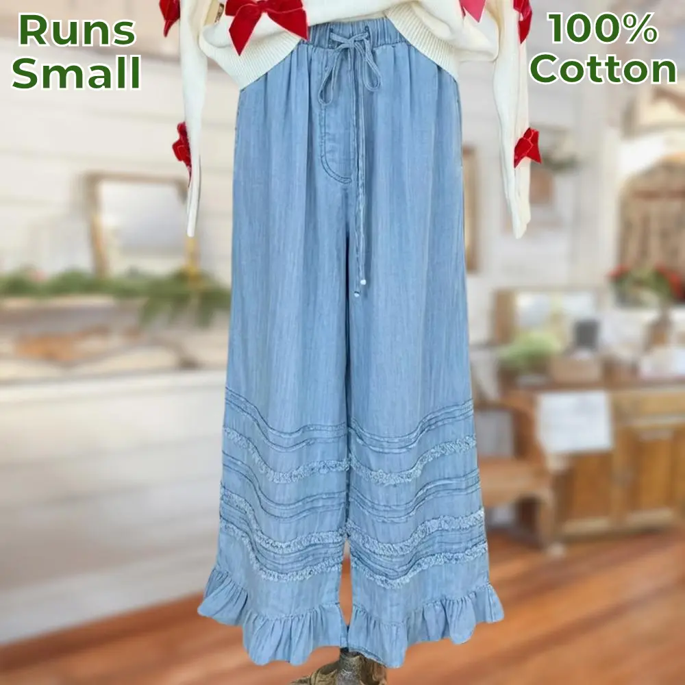 Sage Vell 100% Cotton Light Blue Denim Wide Leg Pants Elastic Drawstring Waist Tiered Fringe Ruffle Hem Casual Loose Fit Jeans With Pockets For Daily Vacation Beach Office