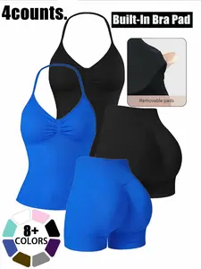 Women's Two-Piece Solid Color Knitted Sports Set, Halter Bra and High-Waist Shorts, Ideal for Intense Workouts and Outdoor Activities, Matching Workout Clothes