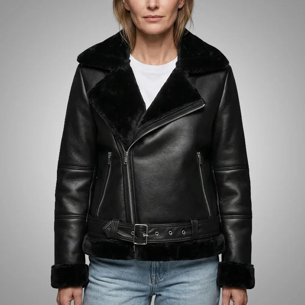 Women Black Shearling Jacket | 100% Real Lambskin Leather