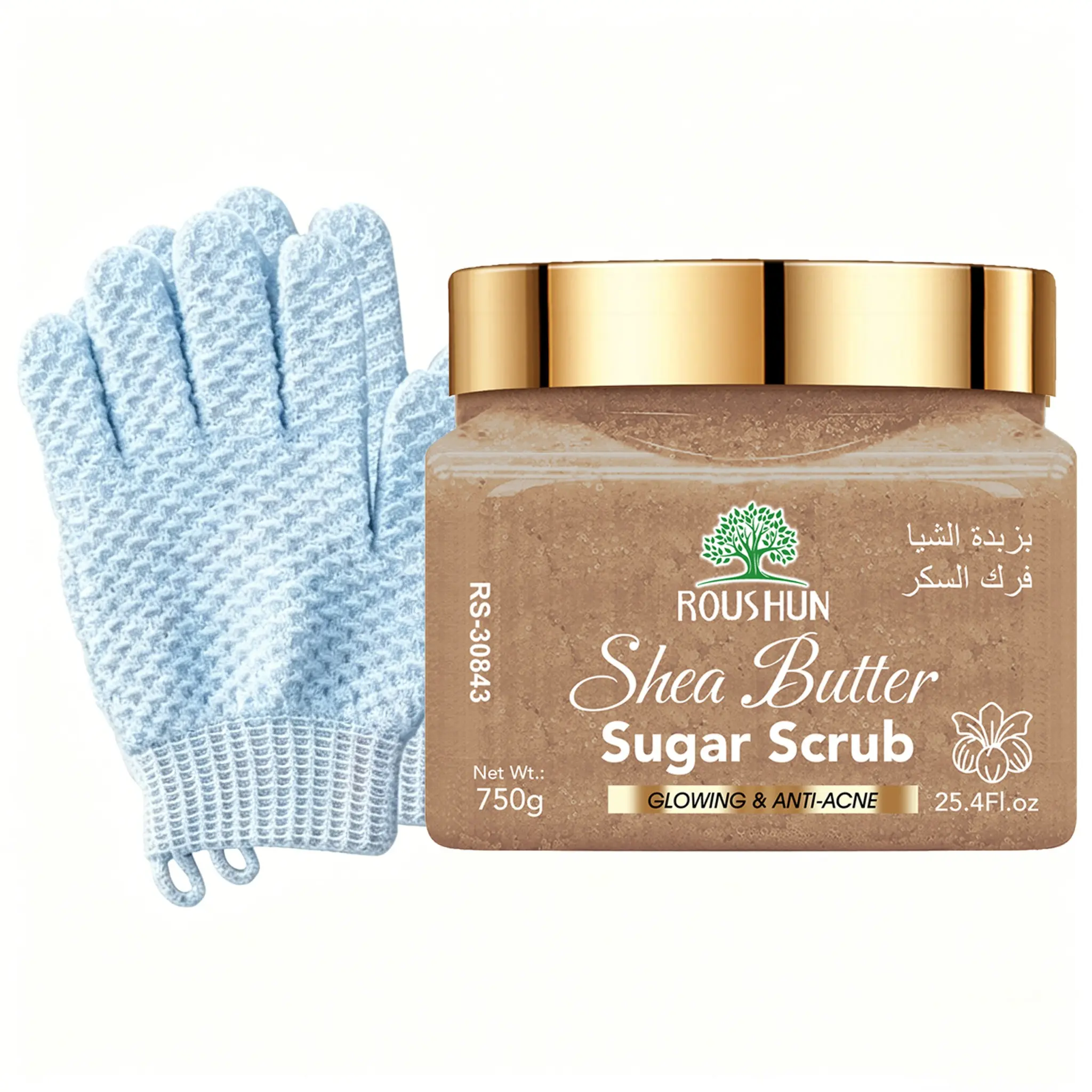 ROUSHUN Shea Butter sugar scrub+Rubbing gloves Large capacity family pack body scrub gently and deeply cleanses the skin