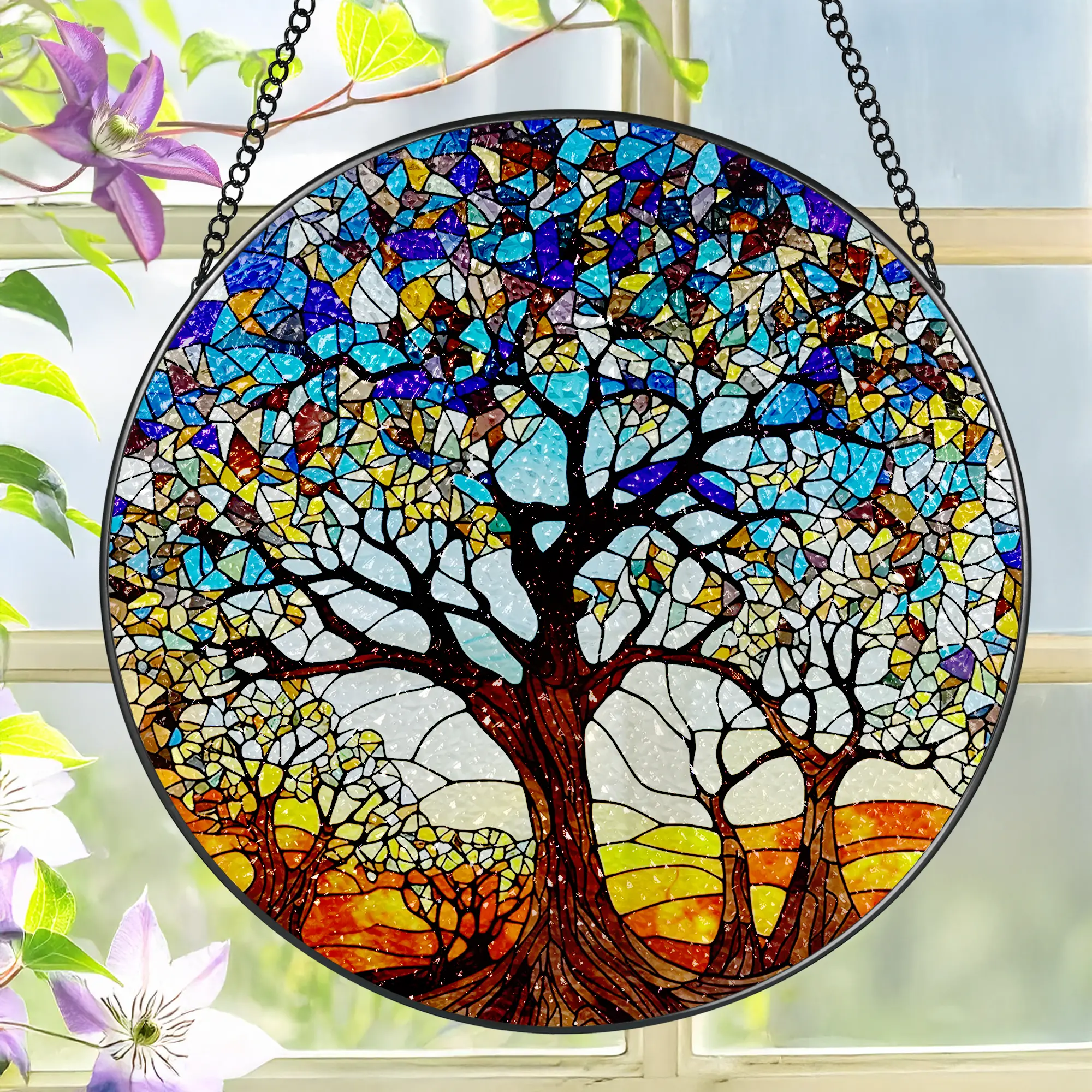 Stained Glass Window Hanging, 8'' Tree of Life Suncatcher, Stained Glass Ornament, Suncatchers for Windows Hanging, Window Decor, Outdoor or Indoor, Gifts for Women, Lovers, Couple, Friends campingessentials