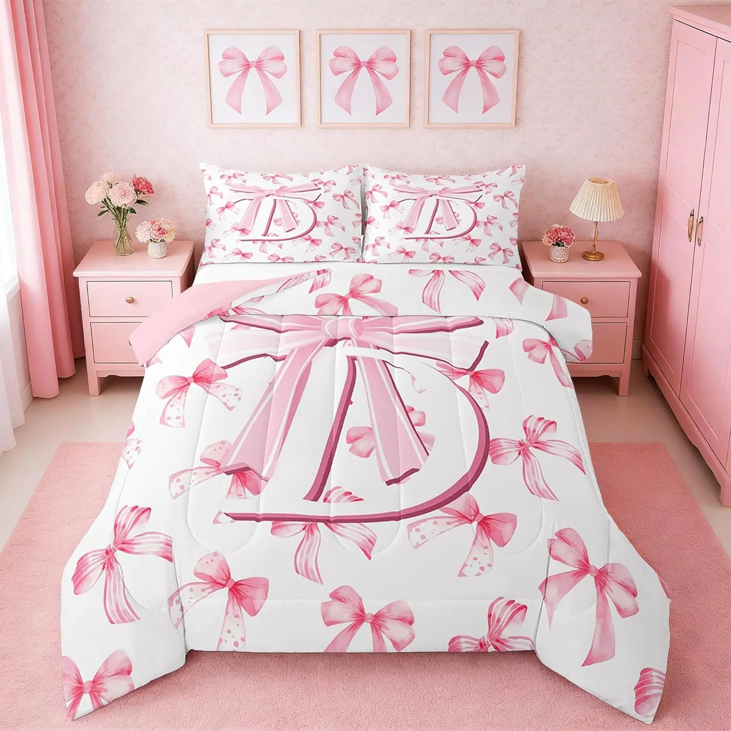 Kids Girls Cute Pink Bow Comforter Set Monogrammed Bedding Set Ultra Soft Personalized Initial D Duvet Quilt Coquette Bow Knot Quilt Set Room Decor Modern Fashion Comforter