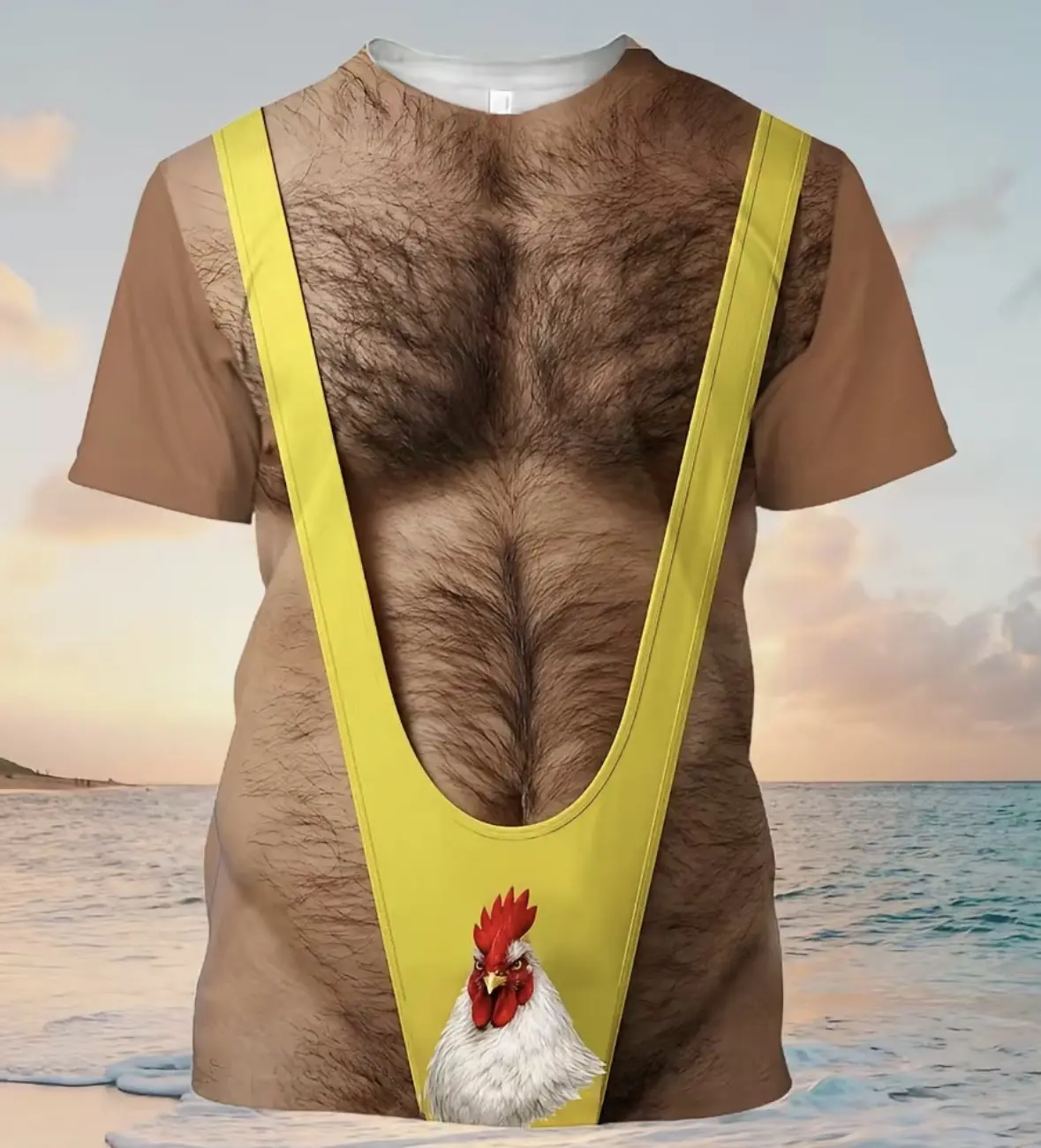 Menswear Unisex Fit Hairy Chest Chicken Costume Top - Short-Sleeve, Medium-Length, Viral TikTok Party Tee, Beach Vacation Gag Gift, Shortsleeve, Shirt, Crew Neck, Viral Tee, Chicken Print