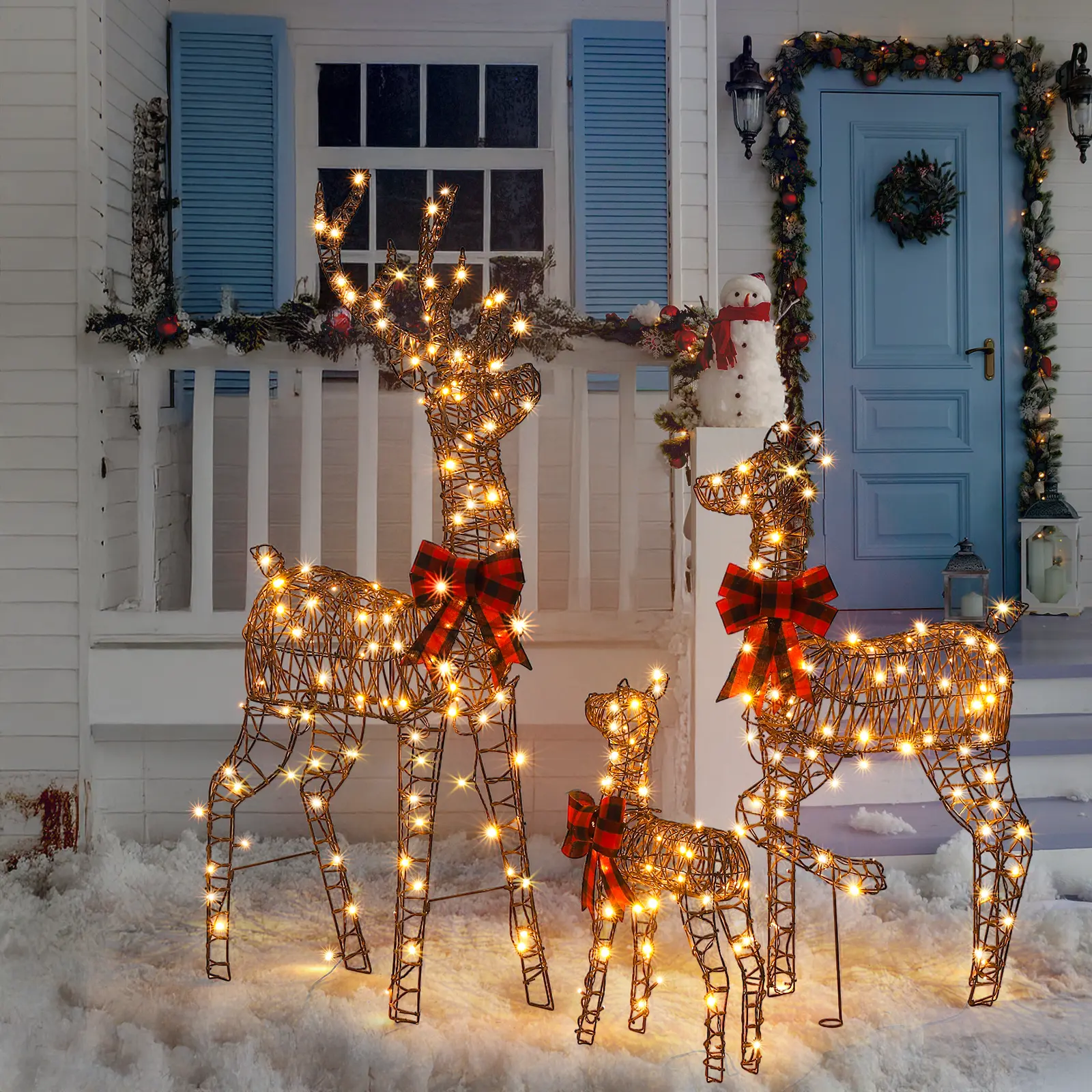5FT Brown Rattan Lighted Christmas Reindeer Family Set of 3, Prelit 210 Warm White LED Outdoor Decorations, Rustic Buck Doe Fawn Lighted Christmas Yard Decorations for Lawn Garden Porch Patio