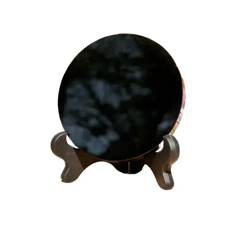 Natural Black Obsidian Crystal Round Wafer Scrying Mirror - Grounding Stone Root Chakra Spiritual Healing Tool with Stand, Witchy Home Ornament, Birthday Christmas Gift for Crystal Enthusiasts, 80mm/100mm Sizes, Around 8, Past Life Issues