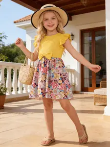 Girls Color Block Fit Flare Dress Yellow Ribbed Bodice Ruffle Flutter Sleeves Waist Bow Decor Vibrant Mixed Floral Print Skirt